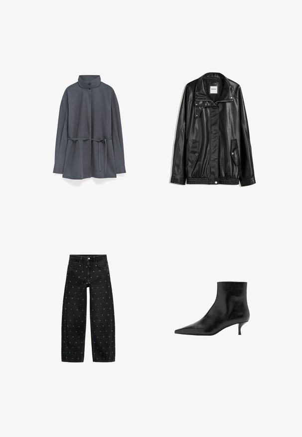 Black leather jacket with zippered front, snap-button closure, two side pockets, and elasticized hem. Features a structured collar and smooth texture.; Dark gray long-sleeve jacket with high collar, two buttons, and a tie belt at the waist, displayed on a white background.; Black denim wide-leg jeans featuring a pattern of small silver grommets, with a classic five-pocket design and button front closure.; Black leather ankle boot with a pointed toe, slim kitten heel, and smooth texture. Simple design, no decorative accents.