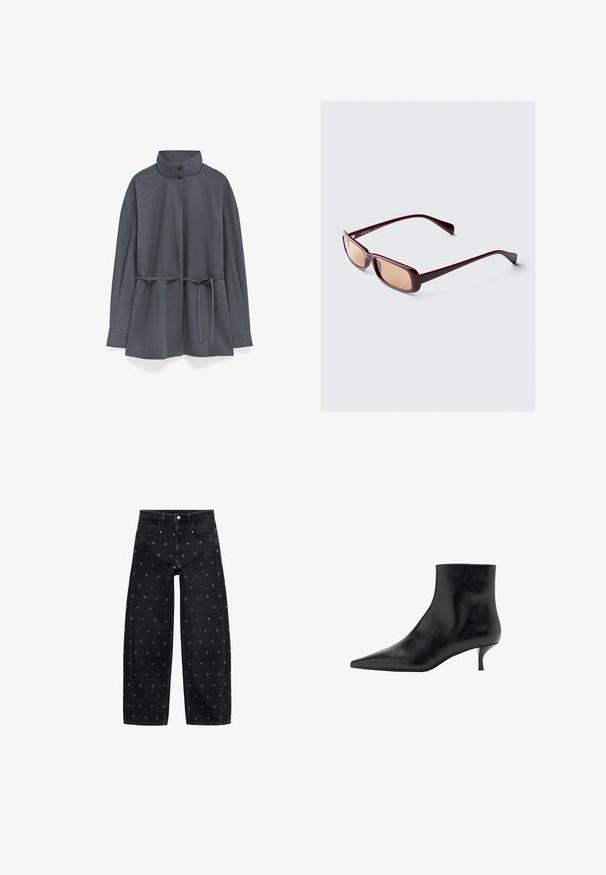 Zwarte leren jas met rits aan de voorkant, drukknopen-sluiting, twee zijzakken en elastische onderrand. Beschikt over een gestructureerde kraag en een gladde textuur.; Donkergrijze langemouwenjas met hoge kraag, twee knopen en een strikceintuur in de taille, weergegeven op een witte achtergrond.; Zwarte denim wide-leg jeans met een patroon van kleine zilveren oogjes, met een klassieke vijf-pocket design en een knoopsluiting aan de voorkant.; Zwarte leren enkelboot met een puntige neus, slanke kittenhak en een gladde textuur. Eenvoudig ontwerp, geen decoratieve accenten.; Bordeauxkleurige zonnebril met rechthoekige monturen, gradient lenzen en slanke armen. Het materiaal heeft een gladde, glanzende afwerking.