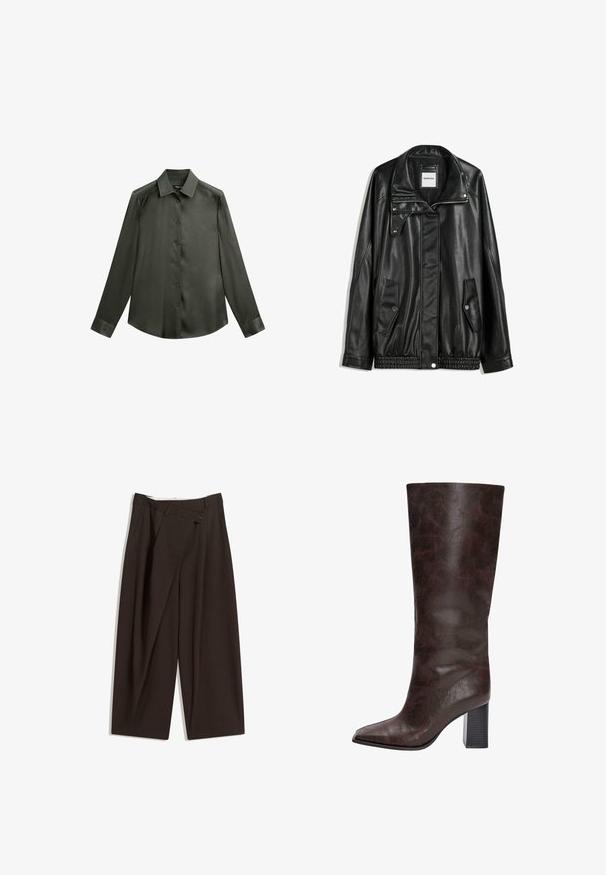 Černá kožená bunda s zipovým zapínáním, zapínáním na cvoky, dvěma bočními kapsami a elastickým lemem. Obsahuje strukturovaný límec a hladkou texturu.; Tmavě zelená saténová košile s límečkem, dlouhými rukávy a knoflíkovým zapínáním; má hladkou, lesklou texturu.; Tmavě hnědé široké kalhoty s vysokým pasem, vybavené jedním tlačítkem na zapínání a plisovaným předním dílem. Vyrobené z lehkého materiálu.; Hnědé kožené sálové boty po kolena s špičatou špičkou, texturovaným povrchem a robustním černým podpatkem. Hladký povrch, minimální zdobení.