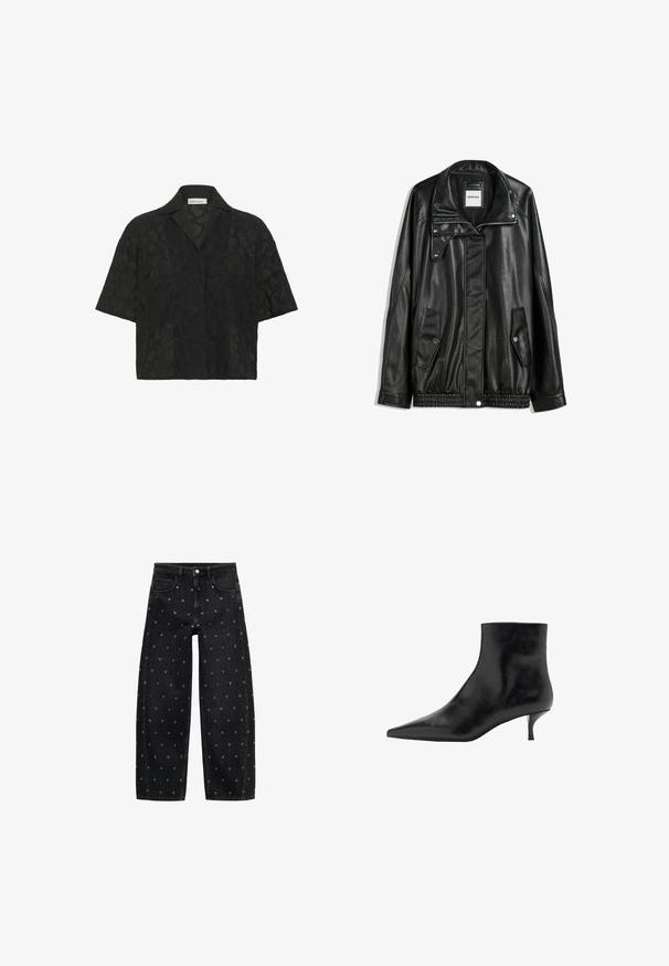 Jachetă din piele neagră cu fermoar frontal, închidere cu capse, două buzunare laterale și tiv elastic. Prezintă un guler structurat și o textură netedă.; Tricou negru cu mânecă scurtă, prezentând un design geometric din dantelă texturată, guler decupat și o croială lejeră care favorizează respirabilitatea.; Jeans din denim negru, cu picioare largi, având un model de mici gromete argintii, cu un design clasic cu cinci buzunare și închidere cu buton în față.; Botine negre din piele, cu vârf ascuțit, toc subțire tip kitten și textură netedă. Design simplu, fără accente decorative.