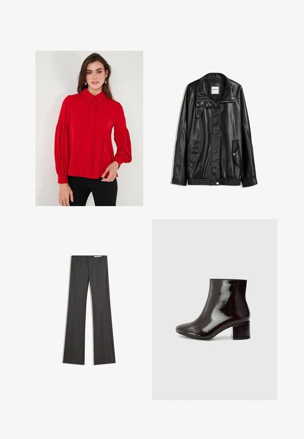 Črna usnjena jakna z zadrgo spredaj, zapiranjem na gumb, dvema stranskima žepoma in elastičnim robom. Ima strukturiran ovratnik in gladko teksturo.; Rdeča bluza z dolgimi rokavi, gumba-spredaj, ovratnikom in obsežnimi rokavi. Gladek material s prilegajočim pasom in rahlim nabiranjem pri manšetah.; Sive flared hlače iz gladkega materiala, z ravnim sprednjim delom, zankami za pas in krojem z čistimi linijami.; Črne lakirane gležnjarje z ostrim nosom in debelim peto. Gladka tekstura z subtilnim sijajem in čistimi linijami, minimalističen dizajn.