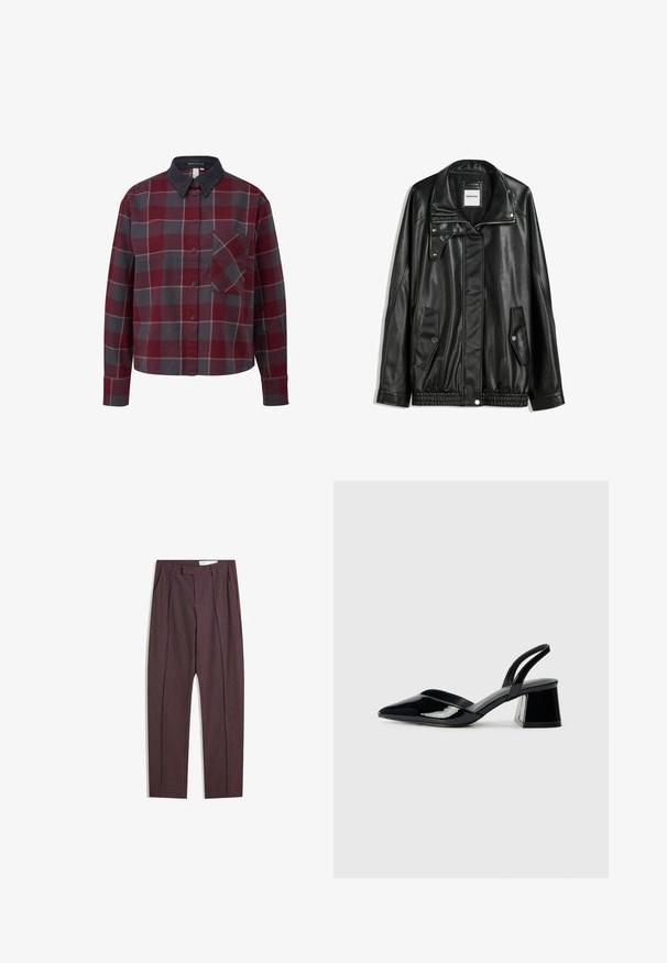 Zwarte leren jas met rits aan de voorkant, drukknopen-sluiting, twee zijzakken en elastische onderrand. Beschikt over een gestructureerde kraag en een gladde textuur.; Overhemd met knopen in een geruit ontwerp met rode, grijze en witte vierkanten. Gemaakt van katoen, met een ribfluwelen kraag en een borstzak. Lange mouwen.; Paarse gestreepte broek met plooien, met een hoge taille en rechtlopende pasvorm. Gemaakt van een gladde, textuurstof.; Zwarte gepatineerde leren slingback hakken met een spitse neus en een geometrische blokhak. Kenmerkt zich door een slank, minimalistisch ontwerp en een gladde textuur.