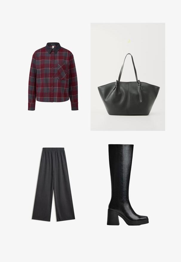 Zwarte leren jas met rits aan de voorkant, drukknopen-sluiting, twee zijzakken en elastische onderrand. Beschikt over een gestructureerde kraag en een gladde textuur.; Overhemd met knopen in een geruit ontwerp met rode, grijze en witte vierkanten. Gemaakt van katoen, met een ribfluwelen kraag en een borstzak. Lange mouwen.; Zwarte wijde broek van zacht materiaal, met een elastische tailleband en zijzakken. Soepele textuur zonder zichtbare patronen of accenten.; Zwarte knie-hoge laars van gestructureerd synthetisch materiaal, met een vierkante neus, chunky hoge hak en een glad, gestroomlijnd oppervlak.; Vero Moda VMDITTA - Shopper - black