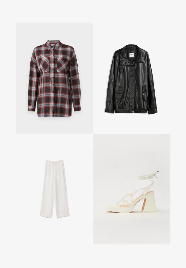 Črna usnjena jakna z zadrgo spredaj, zapiranjem na gumb, dvema stranskima žepoma in elastičnim robom. Ima strukturiran ovratnik in gladko teksturo.; Srajca s dolgimi rokavi v karo vzoru, ki vključuje temno zeleno, rdečo, modro in belo barvno shemo. Ima dve žepni prostori na prsih in zapiranje z gumbi spredaj.; Bele široke hlače iz lahkega materiala. Imajo elastičen pas s vrvico in stranske žepe. Gladka tekstura.; Bela sandala na visokih petah s debelim petam, ki ima obliko trakcev in vezanje okoli gležnja. Gladka tekstura z platformo spredaj za dodatno višino.