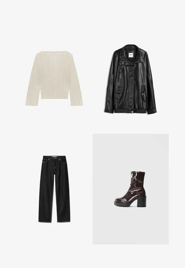 Svart läderjacka med dragkedja framtill, tryckknappsstängning, två sidofickor och elastiskt fåll. Har en strukturerad krage och slät yta.; Ljust beige långärmad topp med ribbad textur och fyrkantig halsringning. Tyget har subtila vertikala veck och en kortad design.; Mörka denimjeans med rak passform, knappstängning i brons och kontrasterande gula sömmar. Har fem fickor och en klassisk passform.; Glansig bordeauxfärgad ankelsko med en kraftig svart klack, som har en slät yta och enkel design. Inga synliga stängningar eller mönster.