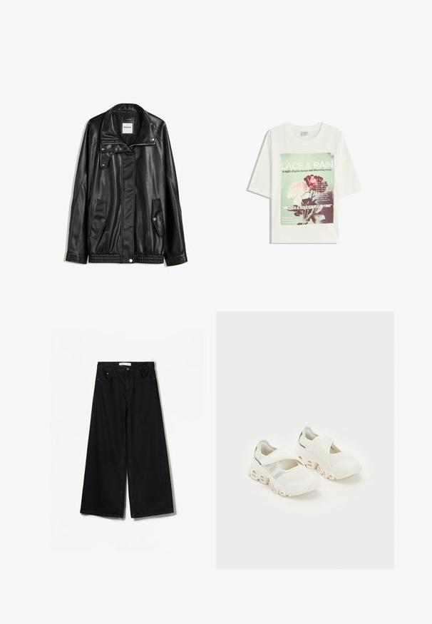 Černá kožená bunda s zipovým zapínáním, zapínáním na cvoky, dvěma bočními kapsami a elastickým lemem. Obsahuje strukturovaný límec a hladkou texturu.; Bílé tričko s krátkým rukávem s zeleným a růžovým květinovým vzorem a textem uvádějícím data a místa turné z roku 1998 na přední straně.; Bershka WIDE-LEG - Wide leg - black; Bílé síťované sportovní boty se zapínáním na pásek, polstrovanou oporou kotníku a výrazným zakřiveným designem podrážky s vyhloubenými sekcemi.