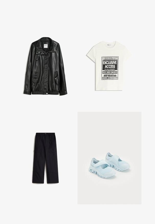 Zwarte leren jas met rits aan de voorkant, drukknopen-sluiting, twee zijzakken en elastische onderrand. Beschikt over een gestructureerde kraag en een gladde textuur.; Witte t-shirt met zwarte tekst ter promotie van een muziek evenement, met de opschriften "Exclusieve Toegang," "Rock Indie Concerten," en "Superster Muziekervaring."; Zwarte cargobroek met een elastische tailleband, verstelbare riem en twee zijzakken. Gemaakt van een lichtgewicht, gestructureerde stof.; Lichtblauwe sneakers met mesh-stof, opvallende uitsparingen in de zool en een klittenbandsluiting bovenop voor een stevige pasvorm.