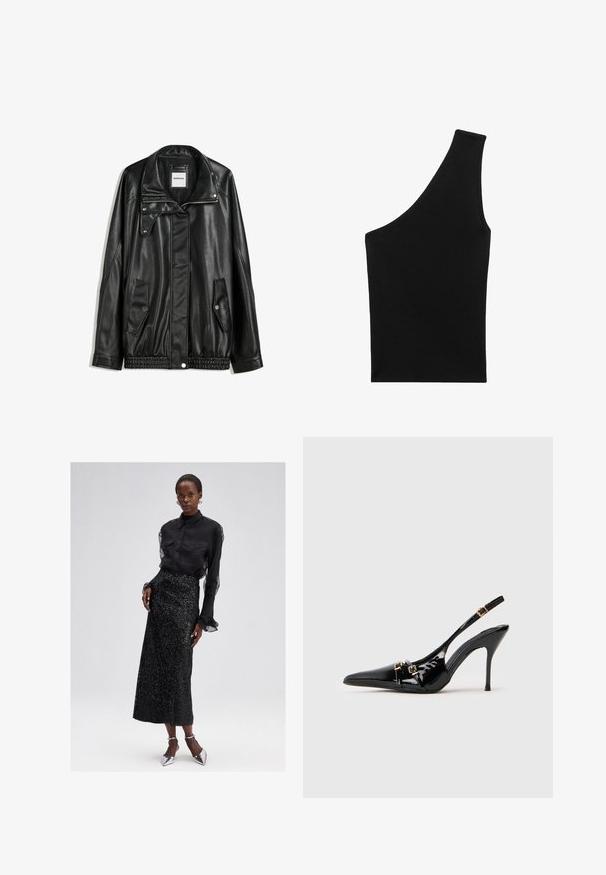 Črna usnjena jakna z zadrgo spredaj, zapiranjem na gumb, dvema stranskima žepoma in elastičnim robom. Ima strukturiran ovratnik in gladko teksturo.; Črn, rebrast pleten top z edinstveno asimetrično silhueto in enim naramnikom. Gladka tekstura, brez vidnih velikosti ali vzorca.; Črna srajca s gumbi in prosojnimi rokavi, v kombinaciji z bleščečo črno midi krilom in srebrnimi visokimi petami. Eleganten in teksturiran dizajn.; Črne lakirane usnjene pete s slingback dizajnom,尖尖 toe designa, z zlato strojno opremo in elegantno obliko.