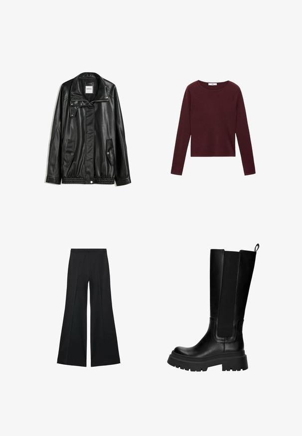 Sort læderjakke med lynlås foran, trykknaplukning, to sidelommer og elastisk kant. Har en struktureret krave og glat overflade.; Bordeaux langærmet top lavet af blødt stof med rund halsudskæring og lige snit, der har minimale sømme og en glat tekstur.; Sorte brede bukser med en glat tekstur, der har fremadrettede folder og en skræddersyet design. Stofferne er lette og flerdimensionelle.; Knæhøje, sorte læderstøvler med elastiske sidepaneler, robust gummisål og en kraftig hæl. Glat tekstur med minimale syninger.