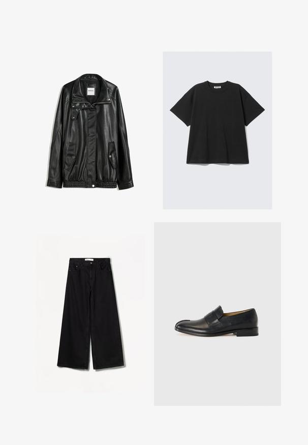Mustat nahkatakki vetoketjulla edessä, napilla suljettava, kahdella sivutaskulla ja elastisella helmalla. Ominaisuuksiin kuuluu muotoiltu kaulus ja sileä pinta.; Mustapaita, jossa on lyhyet hihat ja pyöreä kaula-aukko, valmistettu pehmeästä puuvillakankaasta. Ominaisuuksia ovat rento leikkaus ja hillitty brändäys kaulustagissa.; Bershka WIDE-LEG - Leveälahkeiset - black; Mustat nahkalaput, joissa on sileä pinta, pyöreä kärki ja silmiinpistävä hihna edessä; minimalistinen muotoilu.