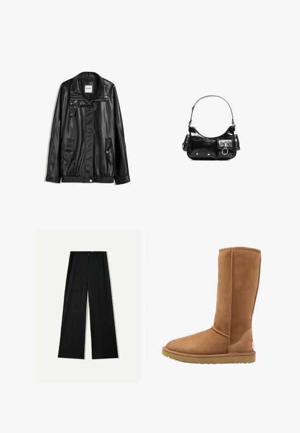 Veste en cuir noir avec fermeture éclair à l'avant, patte de boutonnage, deux poches latérales et ourlet élastiqué. Elle présente un col structuré et une texture lisse.; T-shirt blanc en tissu doux et léger. Il présente un col rond et des manches courtes et larges avec une coupe décontractée. Aucun motif visible.; Bershka WIDE - Pantalon classique - black; Botte en suède beige, haute, avec un bout arrondi et de subtils détails de couture. La semelle en caoutchouc offre une bonne traction, conçue pour le confort et la chaleur.; Sac à main en cuir verni noir avec une forme incurvée, une bandoulière, des poches avant et des accents en métal argenté.