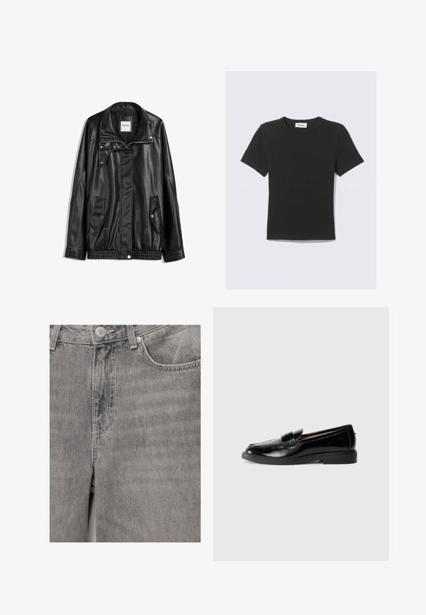 Schwarze Lederjacke mit Reißverschluss vorne, Knopfverschluss, zwei seitlichen Taschen und elastischem Saum. Verfügt über einen strukturierten Kragen und eine glatte Textur.; Schwarzes T-Shirt mit kurzen Ärmeln aus weicher Baumwolle, mit Rundhalsausschnitt und regulärer Passform, ohne sichtbare Muster oder Akzente.; Graue Jeans aus Denim mit einer glatten Textur, ausgestattet mit einem Frontknopf und einem Reißverschluss, seitlichen Taschen und dezenten Stickdetails.; Schwarzer, glänzender Leder-Loafer mit abgerundeter Zehe, niedrigem Absatz, dekorativem Riemen und glatter Sohle auf einem schlichten hellgrauen Hintergrund.