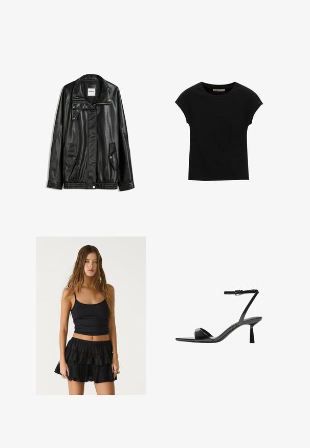 Schwarze Lederjacke mit Reißverschluss vorne, Knopfverschluss, zwei seitlichen Taschen und elastischem Saum. Verfügt über einen strukturierten Kragen und eine glatte Textur.; Schwarzes Kurzarm-T-Shirt aus weichem Stoff, mit Rundhalsausschnitt und lockerer Passform, glatter Textur und ohne Muster.; Schwarzes, dehnbares Tanktop mit dünnen Trägern, kombiniert mit einem schwarzen Rüschensrock, der mit Spitze akzentuiert ist und einen geschichteten Effekt erzeugt.; Bershka High Heel Sandalette - black