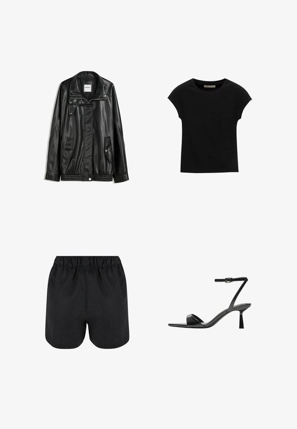 Jachetă din piele neagră cu fermoar frontal, închidere cu capse, două buzunare laterale și tiv elastic. Prezintă un guler structurat și o textură netedă.; Tricou negru cu mânecă scurtă, confecționat dintr-un material moale, cu guler rotund și o croială lejeră, având o textură fină și fără modele.; Pantaloni scurți negri cu un talie elastică. Material moale, design simplu și un tiv ușor rotunjit la baza. Fără modele sau logo-uri vizibile.; Bershka Sandale cu toc - black