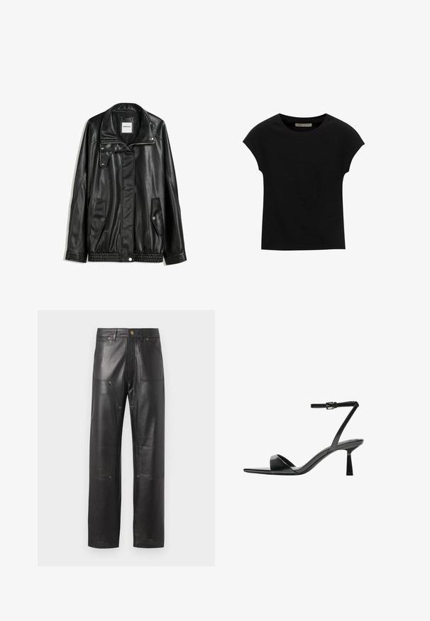 Črna usnjena jakna z zadrgo spredaj, zapiranjem na gumb, dvema stranskima žepoma in elastičnim robom. Ima strukturiran ovratnik in gladko teksturo.; Črna kratka majica s kratkimi rokavi, narejena iz mehke tkanine, z okroglim izrezom in sproščenim krojem, z gladko teksturo in brez vzorcev.; Črne usnjene hlače s ravnim krojem, ki vsebujejo izrazite šive, štiri žepke in kovinske podrobnosti v bakreni barvi. Gladka tekstura.; Bershka Sandali z visoko peto - black
