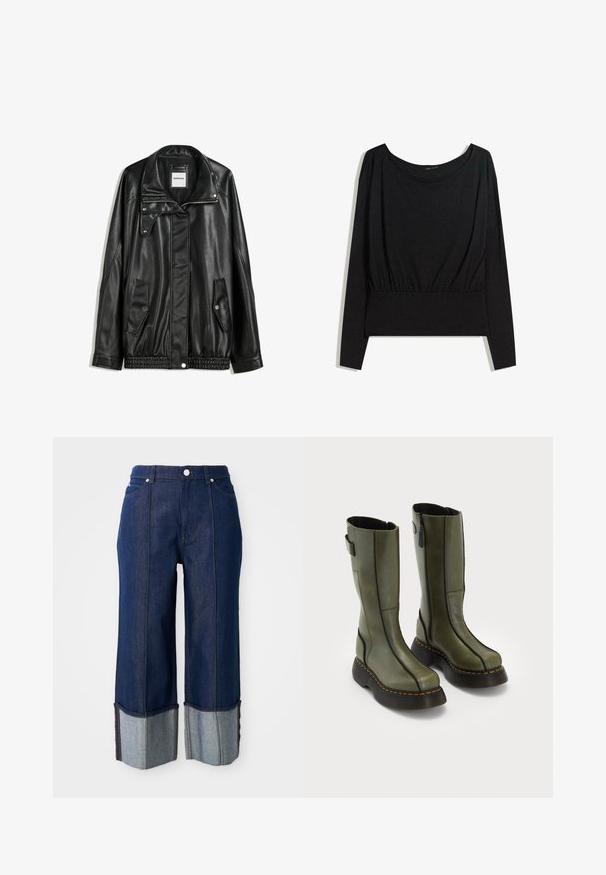 Zwarte leren jas met rits aan de voorkant, drukknopen-sluiting, twee zijzakken en elastische onderrand. Beschikt over een gestructureerde kraag en een gladde textuur.; Zwarte lange mouwen top met een brede halslijn, gathering in de taille en een gladde textuur. Eenvoudig ontwerp zonder patronen of opvallende hardware.; Donkerblauwe wijde jeans met opgerolde pijpen die lichter denim tonen, met een knoop aan de voorkant en zakken, op een witte achtergrond.; Een paar olijfgroene leren laarzen tot halverwege de kuit met zwarte dikke zolen en oranje stiksels, voorzien van zijritsen en een banddetail aan de bovenkant van de achterkant.
