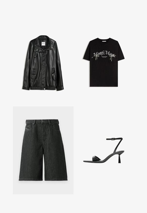 Črna usnjena jakna z zadrgo spredaj, zapiranjem na gumb, dvema stranskima žepoma in elastičnim robom. Ima strukturiran ovratnik in gladko teksturo.; Črna bombažna majica s kratkimi rokavi z napisom "Večinoma čarobno" v beli barvi, okrašena s dekorativnimi bisernimi detajli. Ohlapen kroj, okrogli izrez.; Črne jeans kratke hlače ohlapnega kroja, z gumbom in zadrgo spredaj, z zankami za pas in dvema sprednjima žepoma. Tekstura blaga z detajli šivanja.; Bershka Sandali z visoko peto - black