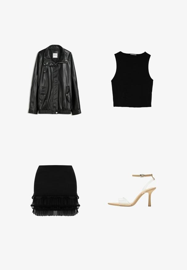 Veste en cuir noir avec fermeture éclair à l'avant, patte de boutonnage, deux poches latérales et ourlet élastiqué. Elle présente un col structuré et une texture lisse.; Top court sans manches noir en tissu lisse, avec un col rond et un design épuré, simple, sans motifs ni accessoires.; Jupe noire avec une partie supérieure cintrée, des volants superposés à l'ourlet et une texture douce, légèrement transparente. Pas d'ornements supplémentaires.; Sandale à talon transparent avec un supérieur transparent, semelle beige et une fine bride de cheville. Dispose d'un bout pointu et d'un fin talon haut.