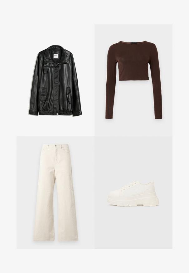 Crna kožna jakna s patentnim zatvaračem sprijeda, zatvaračem na gumbe, dvjema bočnim džepovima i elastičnim rubom. Ima strukturirani ovratnik i glatku teksturu.; Smeđi dugosleeve skraćeni top od glatkog materijala, s okruglim izrezom i prilagođenim dizajnom. Bez vidljivih uzoraka ili akcenta.; Bež hlače širokih nogavica od pamuka, s prednjim kopčanjem na gumb, bočnim džepovima i glatkom teksturom. Minimalistički dizajn bez uzoraka.; Bijela platnena tenisica s debelim potplatom, zaobljenim vrhom i pet rupica za vezice. Stražnji tab za jednostavno obuvanje. Glatka tekstura, minimalistički dizajn.