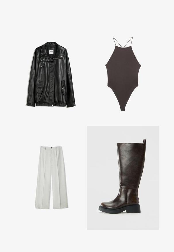 Črna usnjena jakna z zadrgo spredaj, zapiranjem na gumb, dvema stranskima žepoma in elastičnim robom. Ima strukturiran ovratnik in gladko teksturo.; Rjav, enodelni kopalke z visokim ovratnikom in tankimi nastavljivimi naramnicami; ima visok rez na nogah in gladko teksturo. Brez vzorcev ali okrasnih elementov.; Svetlo sivi široki hlače iz teksturiranega materiala, ki imajo zaponko na gumb in dva plisa spredaj za dodaten detajl.; Temno rjave usnjene škornje do kolen z zaobljenim nosom, debelim črnim podplatom, nizko blokasto peto in zanko na zadnjem delu vrha.