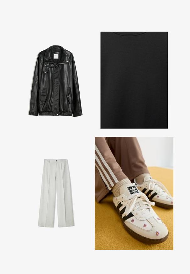 Jachetă din piele neagră cu fermoar frontal, închidere cu capse, două buzunare laterale și tiv elastic. Prezintă un guler structurat și o textură netedă.; Țesătură de bumbac neagră cu o textură netedă și un guler rotund, având un model de granulație subtil și uniform. Fără logo-uri sau accente vizibile.; Pantaloni largi de culoare gri deschis, confecționați dintr-un material texturat, având închidere cu nasture și două plii în față pentru un detaliu suplimentar.; Adidași din piele albă cu trei dungi negre și broderie florală în nuanțe de mov și galben. Talpă din cauciuc marron. Asortați cu șosete bej cu dungi.