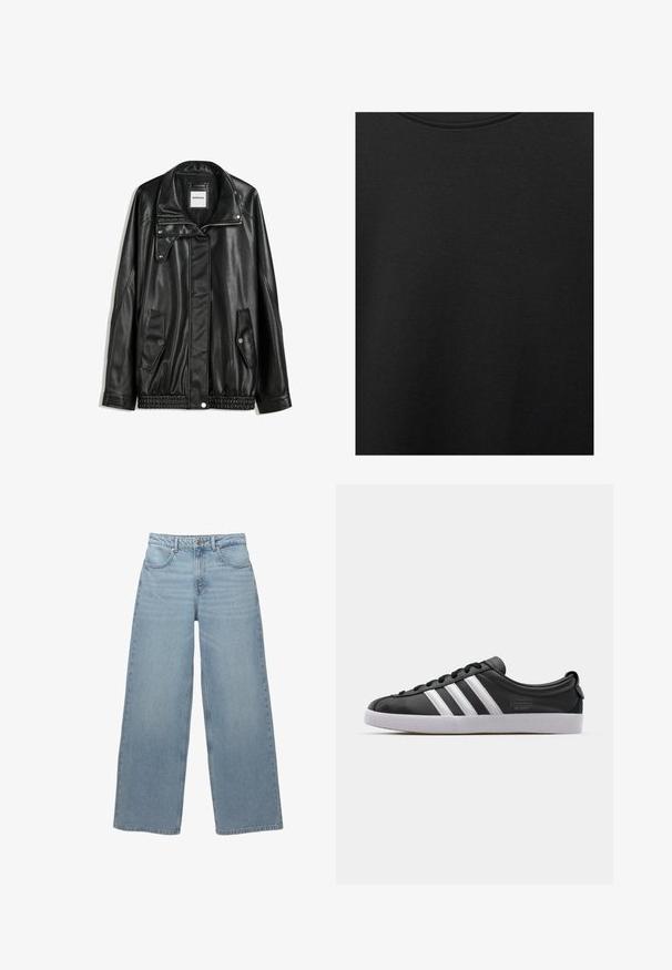 Črna usnjena jakna z zadrgo spredaj, zapiranjem na gumb, dvema stranskima žepoma in elastičnim robom. Ima strukturiran ovratnik in gladko teksturo.; Črn bombažni material z gladko teksturo in okroglo izrezom, ki ima subtilen, enakomeren vzorec. Brez vidnih logotipov ali akcentov.; Svetlo modri široki traper hlače iz bombažnega denima, zpetimi petimi žepi, sprednjim gumbom za zapiranje in minimalnim strgovanjem ob robu.; Črne usnjene športe z belim trakom s tremi črtami, zaobljenim nosom, ravnim belim gumijastim podplatom in blagovno znamko na strani.