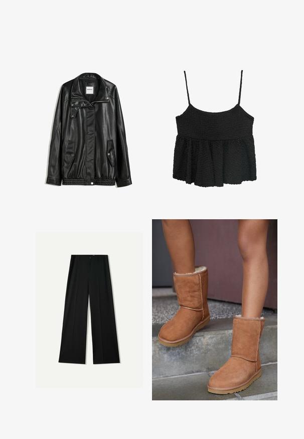 Black leather jacket with zippered front, snap-button closure, two side pockets, and elasticized hem. Features a structured collar and smooth texture.; Black peplum top with thin adjustable straps. Textured, crinkled fabric, fitted bodice, flared lower section, no visible hardware or patterns.; Bershka WIDE - Trousers - black; Brown suede ankle boots with a round toe, soft lining, and a rubber sole, featuring visible stitching detail along the seams.
