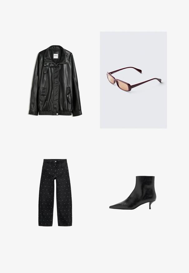 Czarna skórzana kurtka z zamkiem błyskawicznym z przodu, z zapięciem na napy, dwoma bocznymi kieszeniami i elastycznym dołem. Ma wyprofilowany kołnierz i gładką teksturę.; Czarna prążkowana koszulka na ramiączkach zestawiona z luźnymi niebieskimi dżinsami. Dżinsy mają klasyczny pięciopakowy design i zapięcie na guzik.; Czarne dżinsy o szerokich nogawkach z wzorem małych srebrnych grommetów, z klasycznym pięciokomorowym krojem i zapięciem na guziki.; Czarny skórzany botek sięgający kostki z szpiczastym noskiem, smukłym obcasem typu kitten heel i gładką teksturą. Prosty fason, bez ozdobnych akcentów.; Bordowe okulary przeciwsłoneczne z prostokątnymi oprawkami, gradientowymi soczewkami i smukłymi ramionami. Materiał ma gładkie, błyszczące wykończenie.