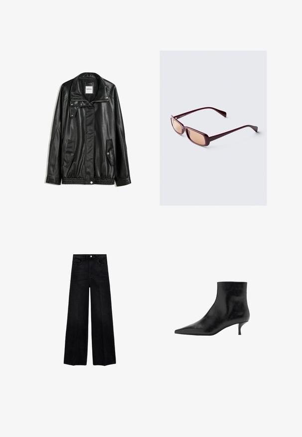 Mustat nahkatakki vetoketjulla edessä, napilla suljettava, kahdella sivutaskulla ja elastisella helmalla. Ominaisuuksiin kuuluu muotoiltu kaulus ja sileä pinta.; Musta ribbed tank top yhdistettyinä löysiin sinisiin farkkuihin. Farkuissa on klassinen viiden taskun malli ja napitus.; Korkea vyötäröinen leveälahkeinen musta farkkupohja, jossa on napitus, etutaskut ja siisti viimeistely lahkeissa.; Musta nahkasaapas nilkkamittaisella, teräväkärkisellä, kapealla kitten-korkealla ja sileällä pinnalla. Yksinkertainen muotoilu, ei koristeellisia yksityiskohtia.; Burgundy aurinkolasit suorilla kehyksillä, joissa on gradienttilinssit ja elegantit sangan osat. Materiaali on sileä ja kiiltävä.