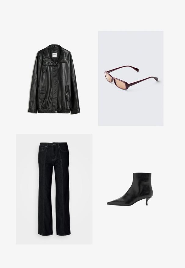 Mustat nahkatakki vetoketjulla edessä, napilla suljettava, kahdella sivutaskulla ja elastisella helmalla. Ominaisuuksiin kuuluu muotoiltu kaulus ja sileä pinta.; Musta ribbed tank top yhdistettyinä löysiin sinisiin farkkuihin. Farkuissa on klassinen viiden taskun malli ja napitus.; Musta leveälahkeinen farkut, jotka on valmistettu denimistä. Niissä on näkyvät saumat, nappisuljenta ja kaksi etutaskua. Yhdistelee sileää tekstuuria suoraan leikkausta.; Musta nahkasaapas nilkkamittaisella, teräväkärkisellä, kapealla kitten-korkealla ja sileällä pinnalla. Yksinkertainen muotoilu, ei koristeellisia yksityiskohtia.; Burgundy aurinkolasit suorilla kehyksillä, joissa on gradienttilinssit ja elegantit sangan osat. Materiaali on sileä ja kiiltävä.