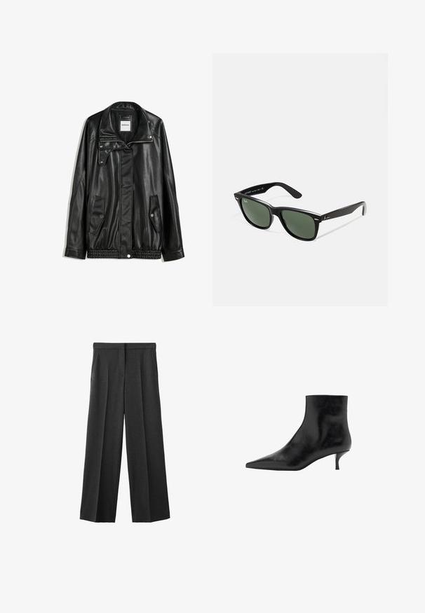 Schwarze Lederjacke mit Reißverschluss vorne, Knopfverschluss, zwei seitlichen Taschen und elastischem Saum. Verfügt über einen strukturierten Kragen und eine glatte Textur.; Schwarzes, geripptes Tanktop kombiniert mit lockeren blauen Jeans. Die Jeans verfügen über ein klassisches Fünf-Taschen-Design und einen Knopfverschluss.; Dunkelgraue weit geschnittene Hosen aus einem strukturierten Stoff, mit einem flachen Bund, zwei Fronttaschen und Faltenverzierungen.; Schwarze Lederstiefelette mit spitz zulaufender Zehenpartie, schlankem Kitten-Absatz und glatter Textur. Schlichtes Design, ohne dekorative Akzente.; Schwarze Plastiksonnenbrille mit grünen Gläsern, quadratischen Rahmen, silbernem Akzent auf der Augenbraue und strukturierten Bügeln. Angegebene Marke auf dem inneren Bügel.