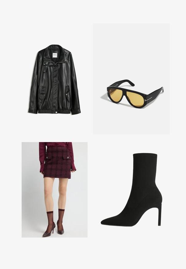Zwarte leren jas met rits aan de voorkant, drukknopen-sluiting, twee zijzakken en elastische onderrand. Beschikt over een gestructureerde kraag en een gladde textuur.; Witte lange mouwen top met een brede halslijn, zijsplitten en een gladde, lichtgewicht stof, met een eenvoudig, minimalistisch ontwerp.; Bordeaux tweed mini-rok met ruitpatroon, voorzien van twee voorzakken en decoratieve knopen. Draag het met doorschijnende bordeaux sokken en hakken.; Zwarte enkelboot gemaakt van zachte suede, met een spitse neus en hoge stilettohak. Minimalistisch ontwerp zonder zichtbare hardware of patronen.; Zwarte zonnebril met een geometrisch montuur, gele lenzen en gouden accenten op de sleuven. Glad oppervlak, brede vorm, hedendaags ontwerp.