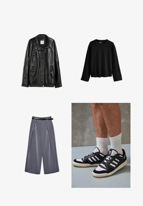 Black leather jacket with zippered front, snap-button closure, two side pockets, and elasticized hem. Features a structured collar and smooth texture.; Black long-sleeve T-shirt made from soft cotton. Features a round neckline, relaxed fit, and minimalist design without patterns or embellishments.; Wide-leg gray trousers with front pleats and a black belt, made of smooth fabric, displayed against a white background.; Black and white sneakers with a suede and leather upper, featuring three white stripes, a perforated toe, and a gum rubber sole.