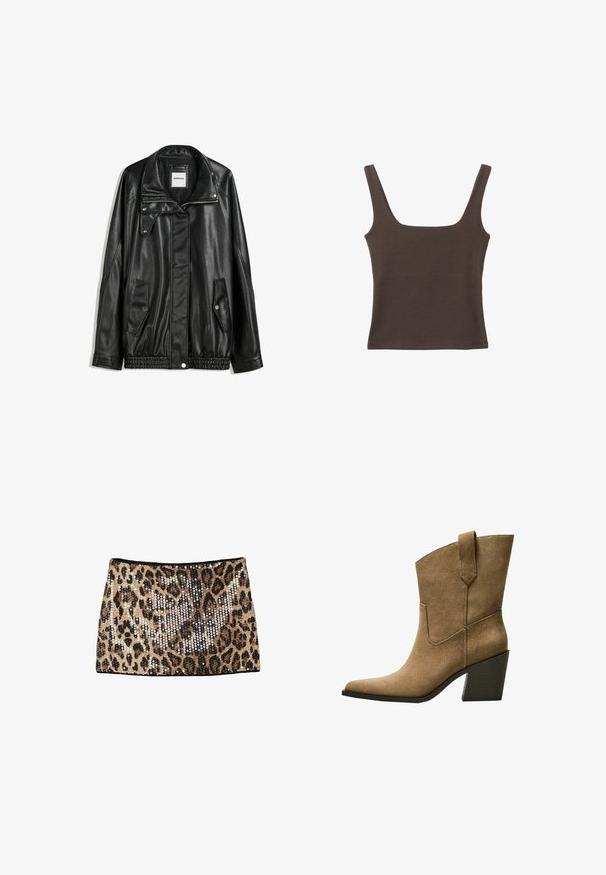 Schwarze Lederjacke mit Reißverschluss vorne, Knopfverschluss, zwei seitlichen Taschen und elastischem Saum. Verfügt über einen strukturierten Kragen und eine glatte Textur.; Braunes ärmelloses Oberteil mit quadratischem Ausschnitt, aus weichem, dehnbarem Stoff gefertigt. Verfügt über ein figurbetontes Design und flache Nähte.; Minirock im Leopardenmuster mit goldenen und schwarzen Pailletten, tailliertem Design und schwarzem Bund.; Braune Wildleder-Stiefel im Cowboy-Stil mit einer spitzen Zehe, die einen mittelhohen Blockabsatz und einfache Nähte entlang der Seitennaht aufweisen.