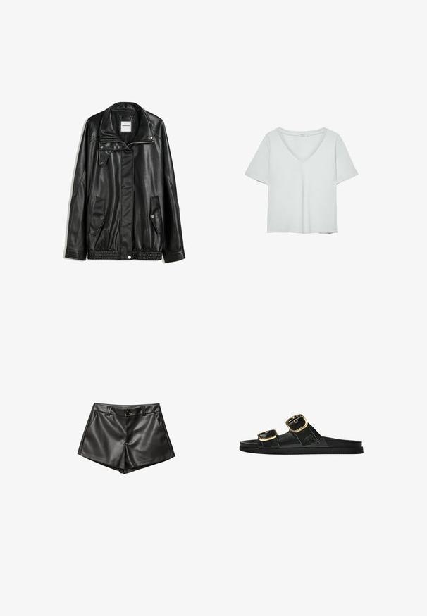 Giubbotto in pelle nera con zip frontale, chiusura a bottoni a pressione, due tasche laterali e orlo elasticizzato. Presenta un colletto strutturato e una texture liscia.; T-shirt grigio chiaro a maniche corte con scollatura a V, realizzato in materiale morbido; presenta una vestibilità rilassata e cuciture pulite senza motivi.; Pantaloni corti neri in pelle con un design sartoriale, tasche laterali, chiusura frontale con bottone e una texture liscia e lucida.; Infradito neri con due accenti di fibbia dorata, materiale dalla texture liscia, suola piatta e design minimalista.