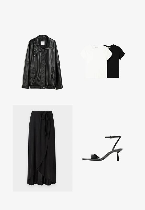 Veste en cuir noir avec fermeture éclair à l'avant, patte de boutonnage, deux poches latérales et ourlet élastiqué. Elle présente un col structuré et une texture lisse.; Deux t-shirts à manches courtes, l'un blanc et l'autre noir, en coton. Les deux présentent un col rond et un design simple et classique.; Jupe maxi noire en tissu léger, dotée d'un design enroulé, d'un lien à la taille ajustable, et d'une silhouette fluide avec un ourlet arrondi.; Bershka Sandales à talons hauts - black