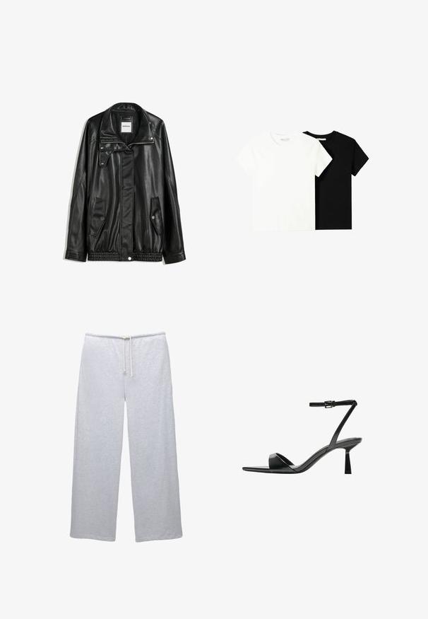 Schwarze Lederjacke mit Reißverschluss vorne, Knopfverschluss, zwei seitlichen Taschen und elastischem Saum. Verfügt über einen strukturierten Kragen und eine glatte Textur.; Zwei kurzärmelige T-Shirts, eines weiß und eines schwarz, aus Baumwolle. Beide haben einen runden Halsausschnitt und ein einfaches, klassisches Design.; PULL&BEAR Jogginghose - grey; Bershka High Heel Sandalette - black