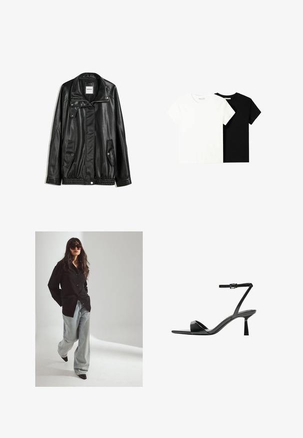 Black leather jacket with zippered front, snap-button closure, two side pockets, and elasticized hem. Features a structured collar and smooth texture.; Two short-sleeve t-shirts, one white and one black, made of cotton. Both feature a round neckline and a simple, classic design.; Black button-up shirt, light blue wide-leg jeans, and pointed black heels. Model wears large dark sunglasses. Soft lighting, neutral background.; Bershka High heeled sandals - black