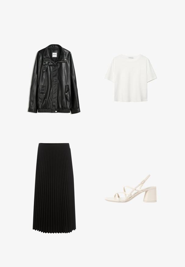 Veste en cuir noir avec fermeture éclair à l'avant, patte de boutonnage, deux poches latérales et ourlet élastiqué. Elle présente un col structuré et une texture lisse.; T-shirt blanc à manches courtes en coton. Doté d'un col ras du cou et d'une coupe décontractée. Texture lisse sans motifs ni accents visibles.; Jupe plissée noire avec une large ceinture élastique, longueur genou, mettant en valeur des plis verticaux pour la texture et le mouvement.; Sandales à talons beiges avec des fines brides entrecroisées, bout ouvert et un talon carré. Fini en vernis lisse, bride de cheville réglable.