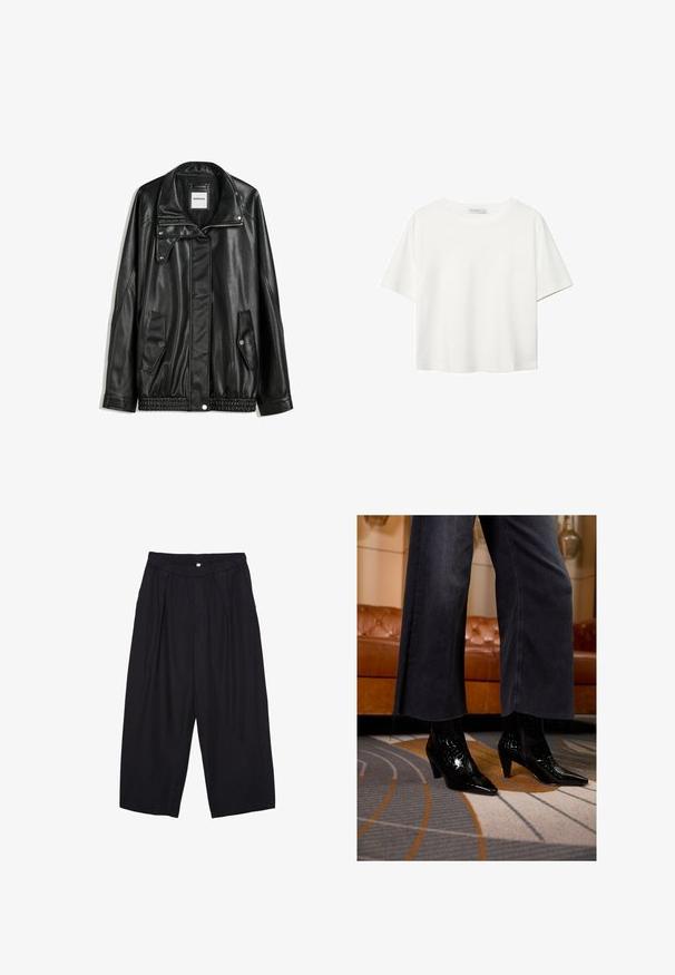 Giubbotto in pelle nera con zip frontale, chiusura a bottoni a pressione, due tasche laterali e orlo elasticizzato. Presenta un colletto strutturato e una texture liscia.; T-shirt bianco a maniche corte realizzato in cotone. Presenta un collo tondo e una vestibilità rilassata. Texture liscia senza motivi o dettagli visibili.; Pantaloni culotte neri in poliestere con una cintura elastica, due pieghe frontali e una silhouette ampia. Nessun motivo visibile o dettagli in metallo.; Stivaletti neri a punta con finitura texturizzata indossati sotto pantaloni neri a gamba larga con orlo sfrangiato su un tappeto a motivi.