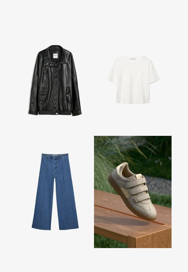 Mustat nahkatakki vetoketjulla edessä, napilla suljettava, kahdella sivutaskulla ja elastisella helmalla. Ominaisuuksiin kuuluu muotoiltu kaulus ja sileä pinta.; Valkoinen lyhythihainen T-paita, joka on tehty puuvillasta. Siinä on pyöreä kaula-aukko ja rento malli. Silkkinen pinta ilman näkyviä kuvioita tai koristeita.; Korkeat vyötäröiset, keskisiniset, leveiden lahkeiden denim-farkut, joissa on nappikiinnitys ja kontrastiväriset pystysaumadetaileja edessä.; Beige lenkkarit, joissa on kolme tarranauhaa, sileä tekosuede-materiaali, pyöreä kärki ja kumipohja, esillä puupinnalla.