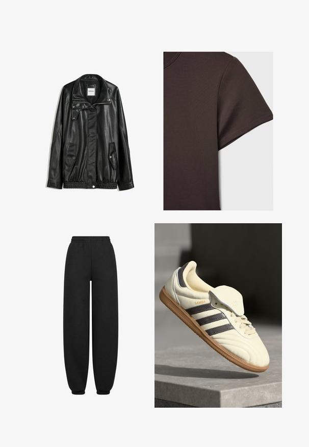 Černá kožená bunda s zipovým zapínáním, zapínáním na cvoky, dvěma bočními kapsami a elastickým lemem. Obsahuje strukturovaný límec a hladkou texturu.; Tmavě hnědé tričko s krátkým rukávem vyrobené z hladkého, pružného materiálu, se klasickým kulatým výstřihem a čistými švy.; Černé tepláky s volným střihem, elastickým pasem a zúženými manžetami. Vyrobené z měkké, hladké tkaniny bez viditelných vzorů.; Krémové kožené tenisky se třemi tmavými pruhy, hnědou gumovou podrážkou a zaoblenou špičkou. Mají skládací jazyk s nápisem "SAMBA."