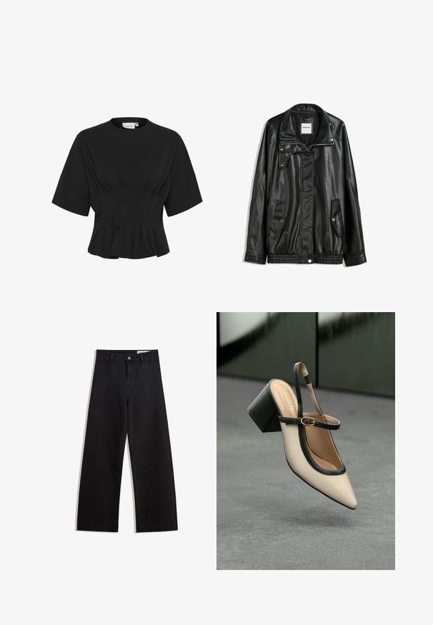 Črna usnjena jakna z zadrgo spredaj, zapiranjem na gumb, dvema stranskima žepoma in elastičnim robom. Ima strukturiran ovratnik in gladko teksturo.; Črn kratki top s krožnim izrezom, ki ima gubano detajliranje in prilegajoč se pas, ki se na robu razširi. Narejen iz mehkega materiala.; Črne široke denim hlače z visokim pasom, ki imajo sprednje in zadnje žepe, šivane šive ter gumbasto zapiranje. Gladka tekstura.; Bežna slingback čevlja z uskim sprednjim delom, črnimi detajli, zlatim zaponko in debelim blokovskim peto na sivi tleh s temno zeleno ozadje.