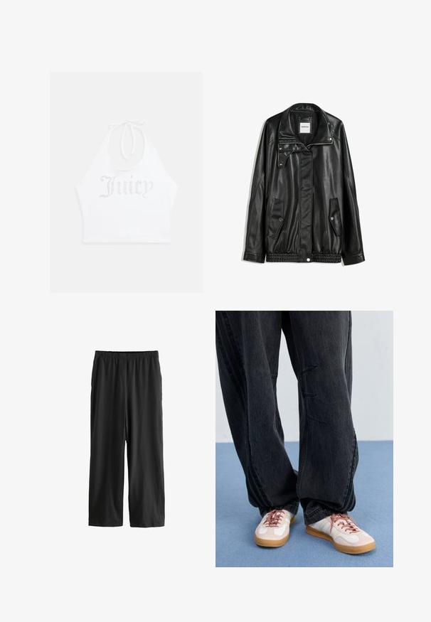 Jachetă din piele neagră cu fermoar frontal, închidere cu capse, două buzunare laterale și tiv elastic. Prezintă un guler structurat și o textură netedă.; Top halter alb, confectionat dintr-un material moale, cu text din strasuri "Juicy" pe partea din față. Se leagă la gât pentru o ajustare confortabilă.; Pantaloni negri, până la genunchi, dintr-un material ușor. Brâu elastic și textură netedă, cu un design drept. Fără detalii sau modele vizibile.; Pantaloni din denim negri, largi, cu detalii de cusătură pe față, asortați cu adidași albi și roz, dotati cu talpă de cauciuc și șireturi roz.