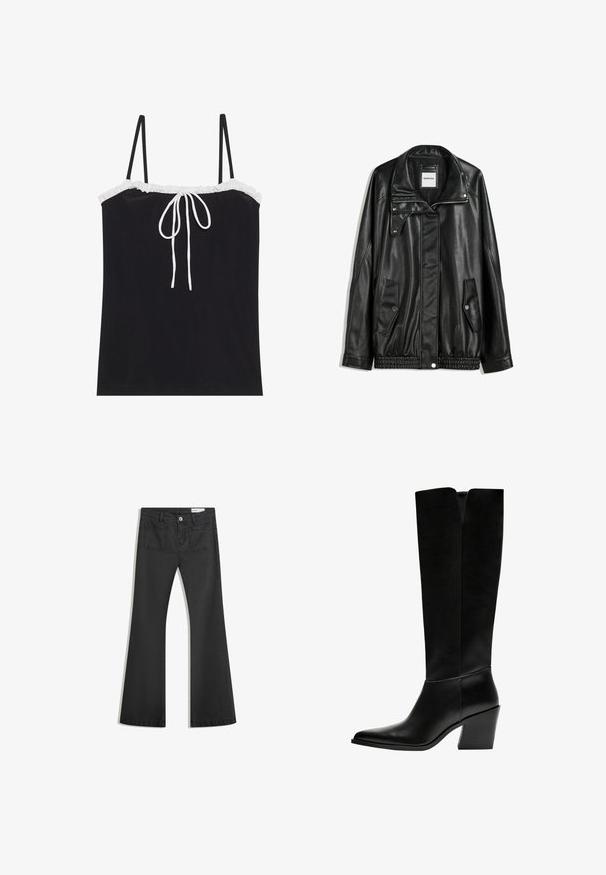 Schwarze Lederjacke mit Reißverschluss vorne, Knopfverschluss, zwei seitlichen Taschen und elastischem Saum. Verfügt über einen strukturierten Kragen und eine glatte Textur.; Schwarzes Trägershirt mit verstellbaren dünnen Trägern, das einen weißen Rüschenausschnitt und ein Bindedetail in der Mitte aufweist. Glatte Textur, einfaches Design.; Schwarze Schlagjeans aus Denim mit glatter Textur, ausgestattet mit zwei Gesäßtaschen und einem Knopfverschluss an der Taille.; Schwarze kniehohe Stiefel aus glattem Leder, mit spitzem Schuhbund, einem Blockabsatz und einem V-förmigen Ausschnitt an der Oberseite.