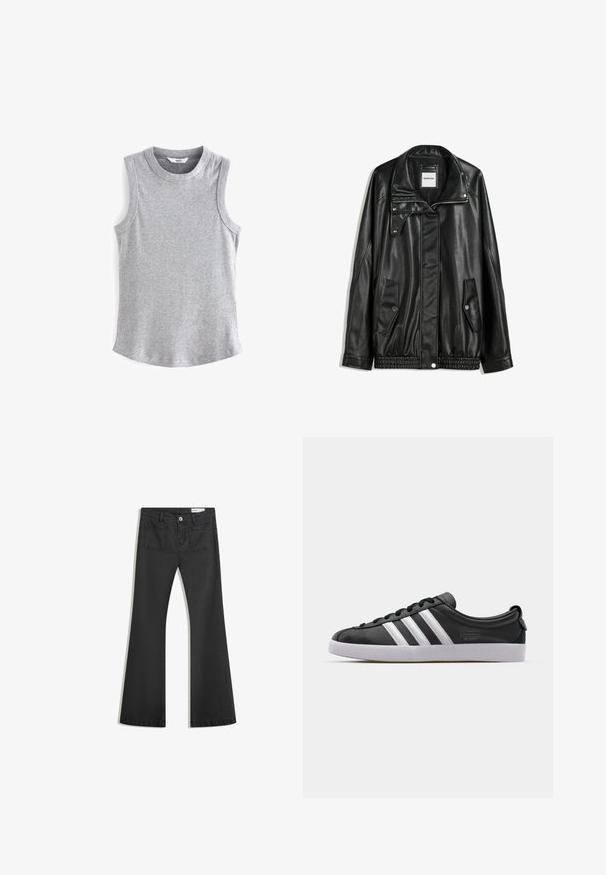 Črna usnjena jakna z zadrgo spredaj, zapiranjem na gumb, dvema stranskima žepoma in elastičnim robom. Ima strukturiran ovratnik in gladko teksturo.; Next RACER STANDARD - Top - grey marl; Črne flare traperke z gladko teksturo, opremljene z dvema zadnjima žepoma in gumbnim zapiranjem v pasu.; Črne usnjene športe z belim trakom s tremi črtami, zaobljenim nosom, ravnim belim gumijastim podplatom in blagovno znamko na strani.