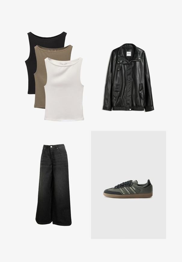 Fekete bőrkabát cipzáros elejével, patentos záródással, két oldalsó zsebbel és elasztikus aljjal. Struktúrált gallérral és sima textúrával rendelkezik.; Három ujjatlan felső egymásra helyezve: fekete, olívazöld és fehér. Az anyag sima, rugalmas, lekerekített nyakkivágással és minták nélkül.; Fekete, széles szárú farmernadrág magas derékkal, elülső gombbal, zsebekkel és diszkrét logóval az elülső zseben.; adidas Originals SAMBA OG - Sportcipő - core black/legend earth/gum