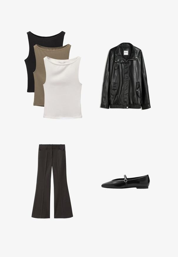 Jachetă din piele neagră cu fermoar frontal, închidere cu capse, două buzunare laterale și tiv elastic. Prezintă un guler structurat și o textură netedă.; Trei topuri fără mâneci stivuite: negru, verde măsliniu și alb. Țesătura este un material neted și elastic, cu decolteuri rotunjite și fără modele.; Pantaloni evazați negri, cu talie înaltă; au două buzunare frontale și o textură de stofă netedă. Potriviți pentru diverse ocazii.; Balerini din piele neagră, cu vârf ascuțit, având o curea subțire cu un detaliu decorativ de tip cataramă și o talpă plată joasă.