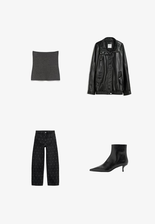 Czarna skórzana kurtka z zamkiem błyskawicznym z przodu, z zapięciem na napy, dwoma bocznymi kieszeniami i elastycznym dołem. Ma wyprofilowany kołnierz i gładką teksturę.; Ciemnoszary, prążkowany komin lub szalik leży płasko na białym tle.; Czarne dżinsy o szerokich nogawkach z wzorem małych srebrnych grommetów, z klasycznym pięciokomorowym krojem i zapięciem na guziki.; Czarny skórzany botek sięgający kostki z szpiczastym noskiem, smukłym obcasem typu kitten heel i gładką teksturą. Prosty fason, bez ozdobnych akcentów.