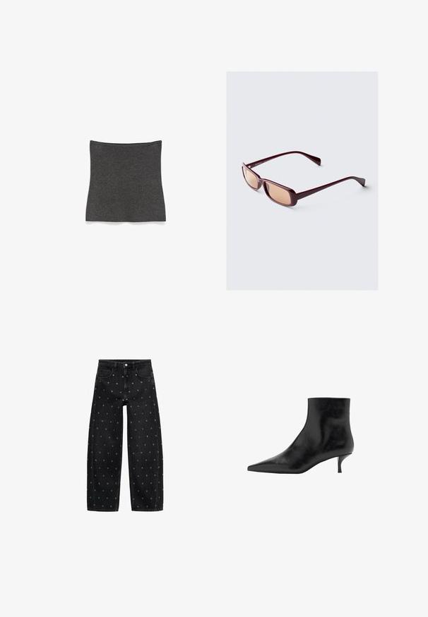 Zwarte leren jas met rits aan de voorkant, drukknopen-sluiting, twee zijzakken en elastische onderrand. Beschikt over een gestructureerde kraag en een gladde textuur.; Donkergrijze geribbelde gebreide nekwarmer of gaiter plat gelegd op een witte achtergrond.; Zwarte denim wide-leg jeans met een patroon van kleine zilveren oogjes, met een klassieke vijf-pocket design en een knoopsluiting aan de voorkant.; Zwarte leren enkelboot met een puntige neus, slanke kittenhak en een gladde textuur. Eenvoudig ontwerp, geen decoratieve accenten.; Bordeauxkleurige zonnebril met rechthoekige monturen, gradient lenzen en slanke armen. Het materiaal heeft een gladde, glanzende afwerking.